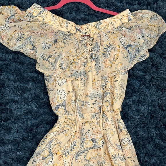 American rag off shoulder peasant blue cream paisley long lined dress sz XS NWT - Picture 1 of 12